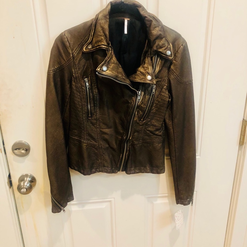 Free People Vegan Leather Moto Jacket in Bronze